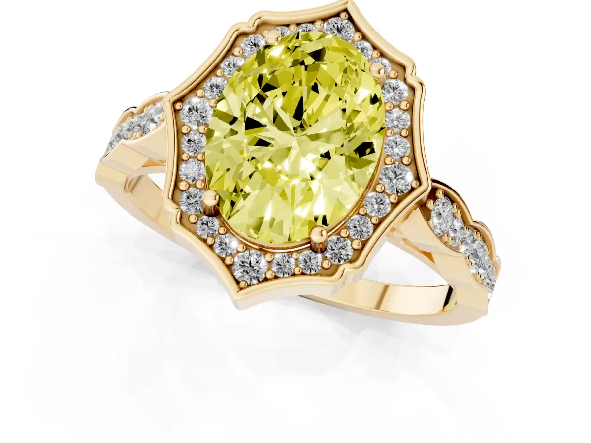Fancy Yellow Oval Cut Halo Diamond Engagement Ring with Milgrain Band and Four-Prong Setting Yellow gold