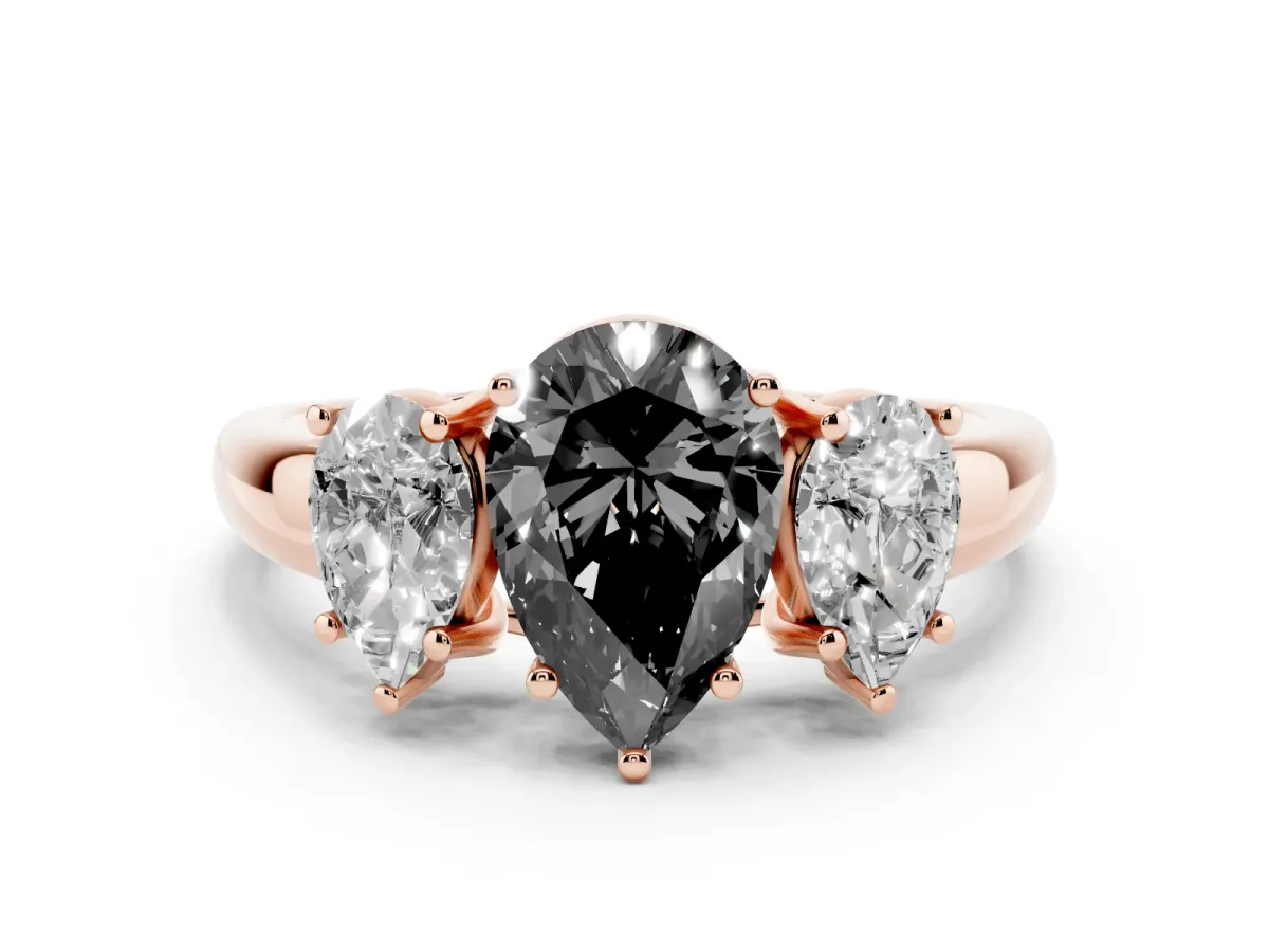 Fancy Black Three-Stone Pear Cut Diamond Engagement Ring with Prong Setting Rose gold