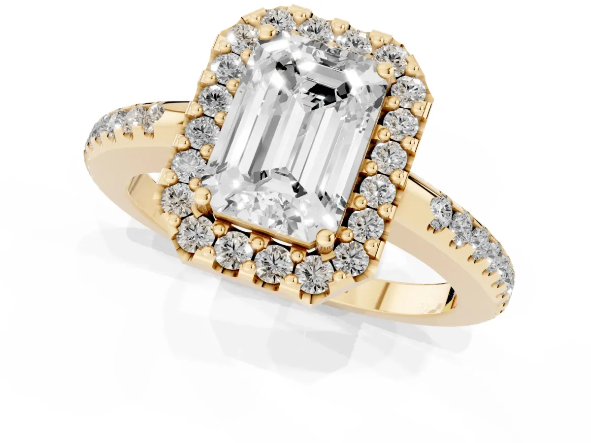 Emerald Cut Diamond Pavé Halo Ring with Four-Prong Setting Yellow gold
