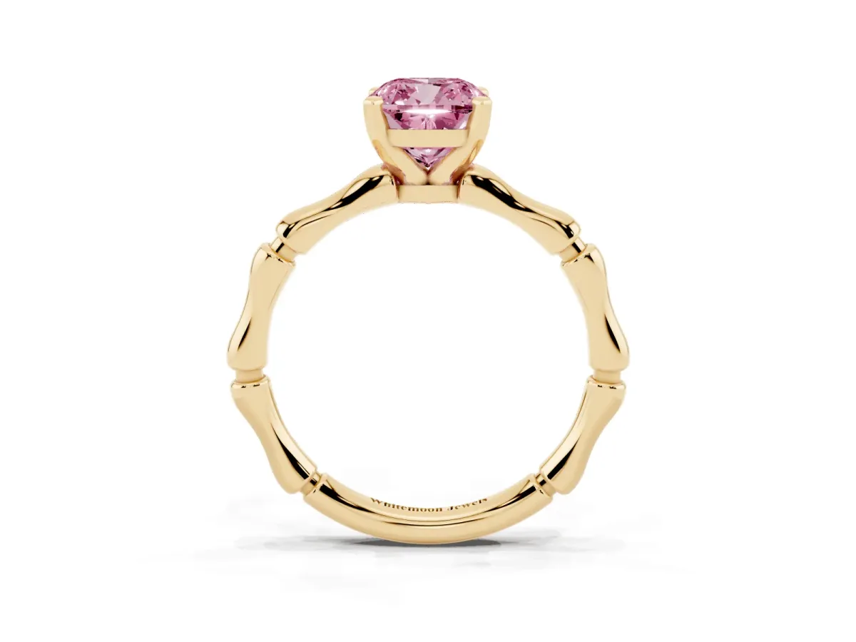 Fancy Pink Cushion Cut Solitaire Diamond Ring with Bamboo Band and Four-Prong Setting Yellow gold