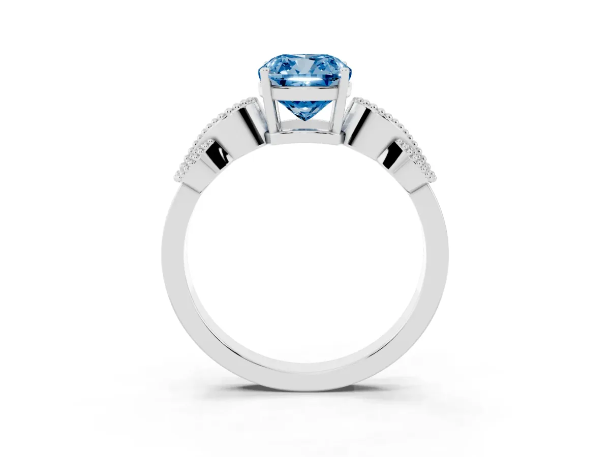 Fancy Blue Cushion Cut Solitaire Milgrain Leaf Band with Prong Setting Silver
