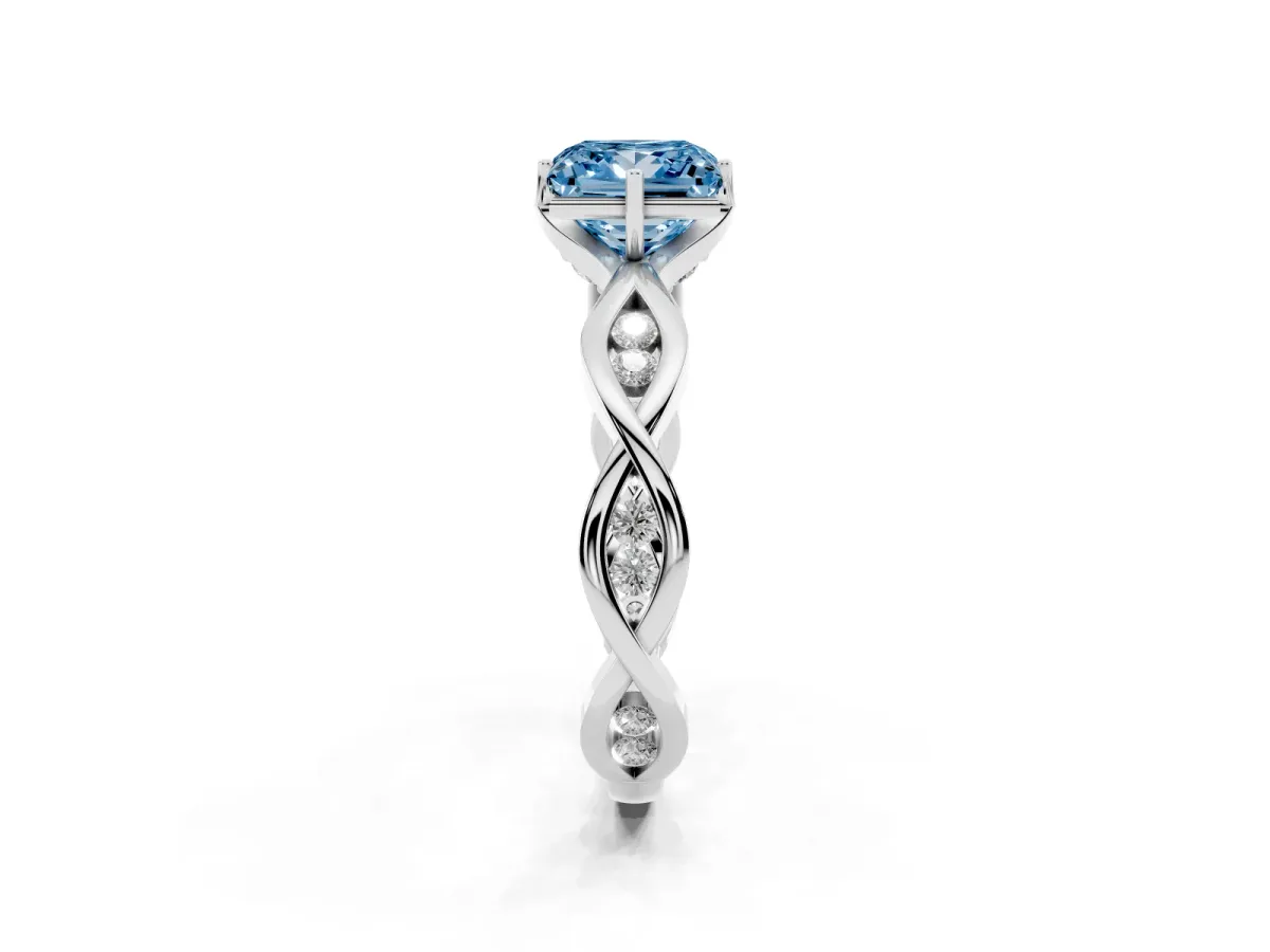 Fancy Blue Princess Cut Solitaire Twist Band with Leaf Prong Setting Silver