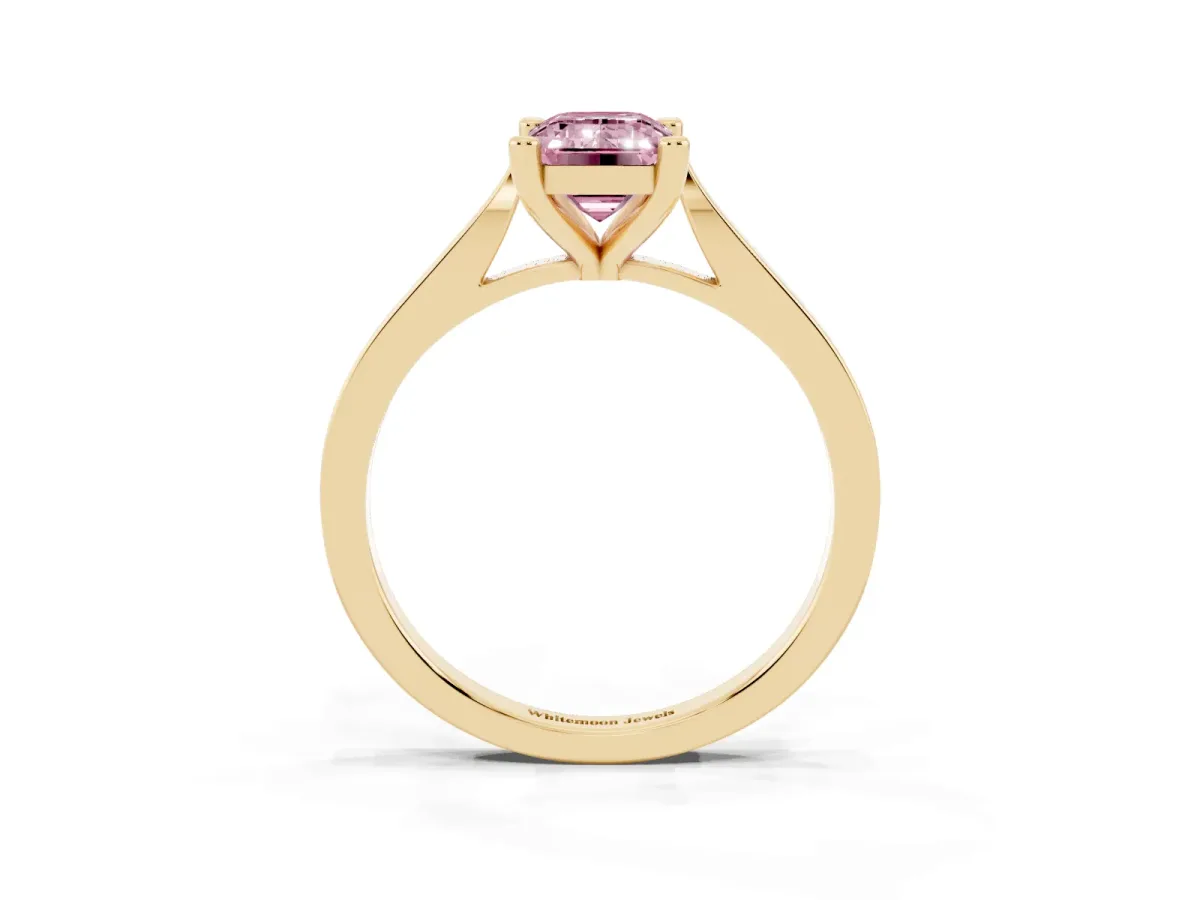Fancy Pink Emerald Cut Solitaire Diamond Ring with Four-Prong Setting and Tapered Band Yellow gold