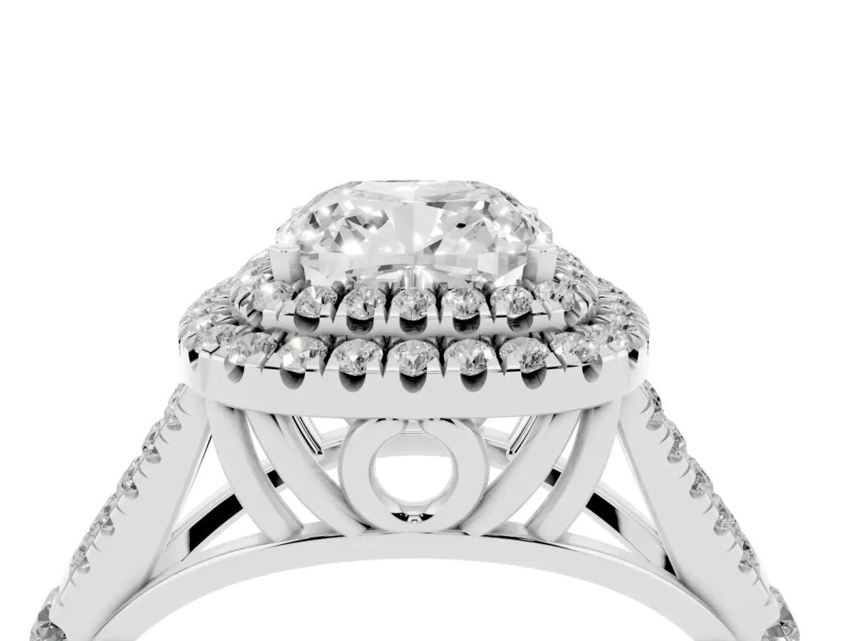 Cushion Cut Diamond Pavé Split Shank Double Halo Engagement Ring Silver
