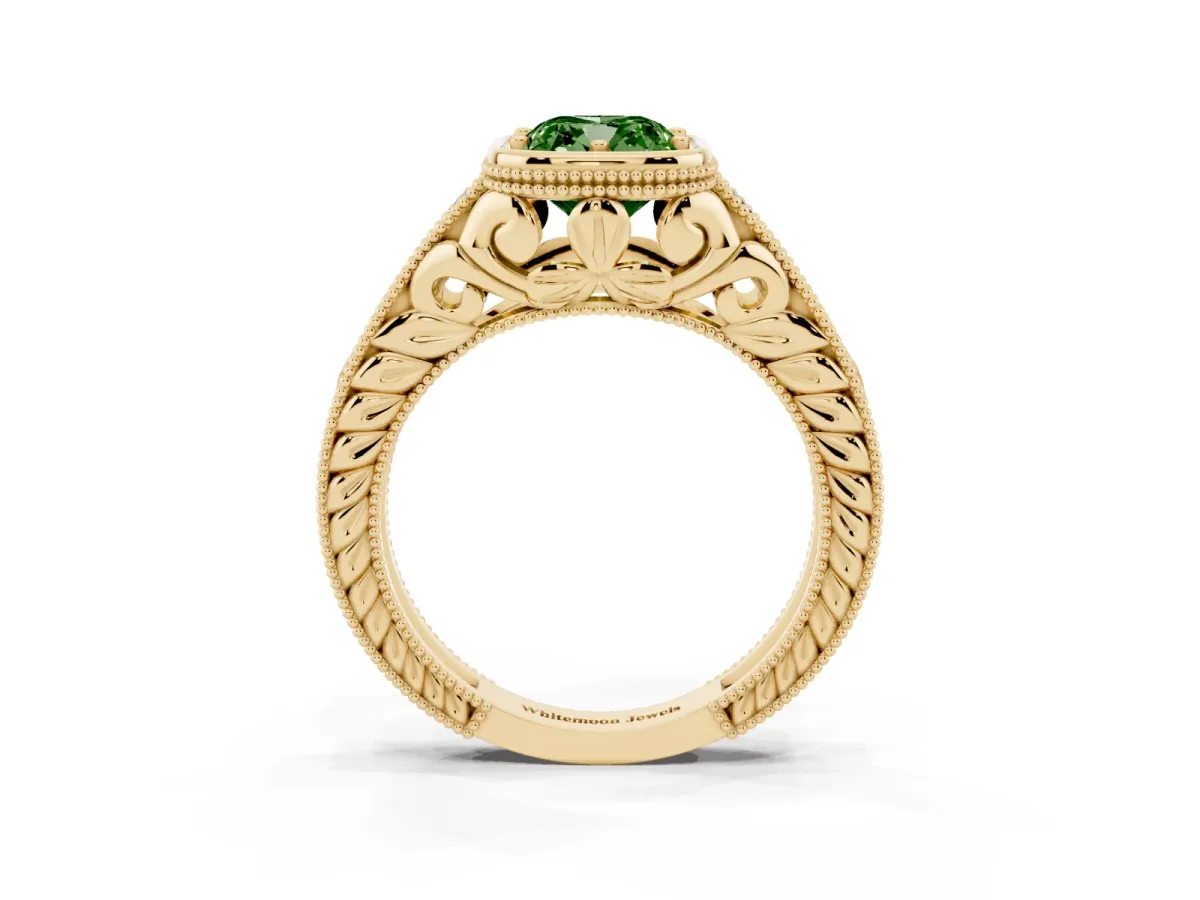 Fancy Green Bezel Set Cushion Cut Diamond Milgrain Pave Engagement Ring Yellow gold