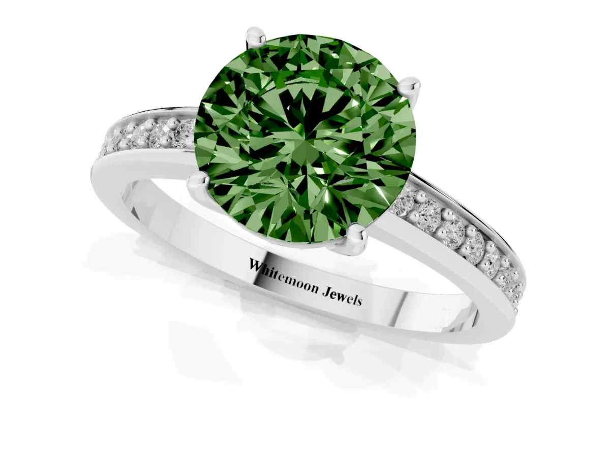 Fancy Green Round Cut Solitaire Pavé Band Prong Setting Ring Silver