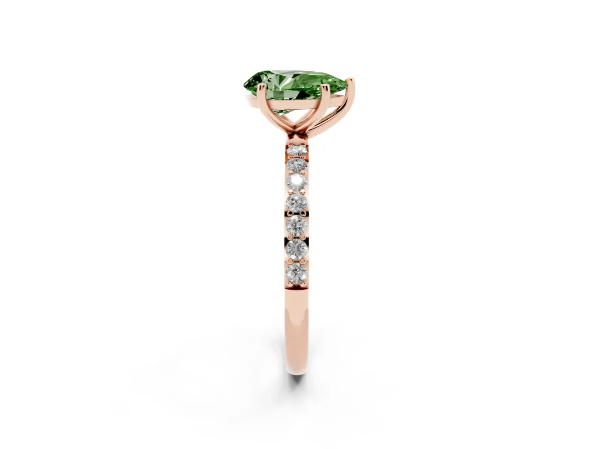 Fancy Green Pear Cut Diamond Solitaire Ring with Round Pavé Shoulders and Prong Setting Rose gold