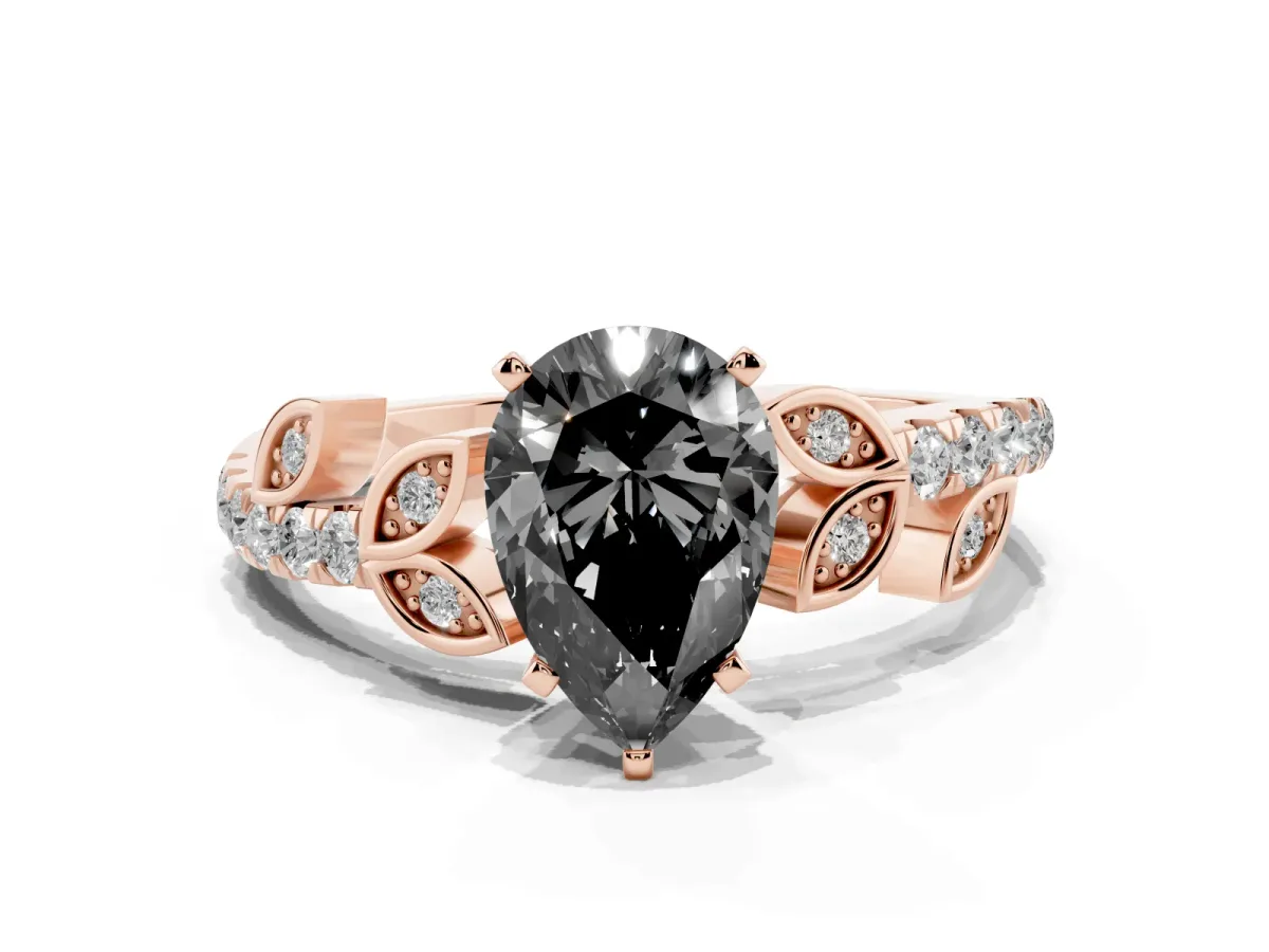 Fancy Black Pear Cut Solitaire Leaf-Inspired Diamond Ring with Pavé Band and Four-Prong Setting Rose gold