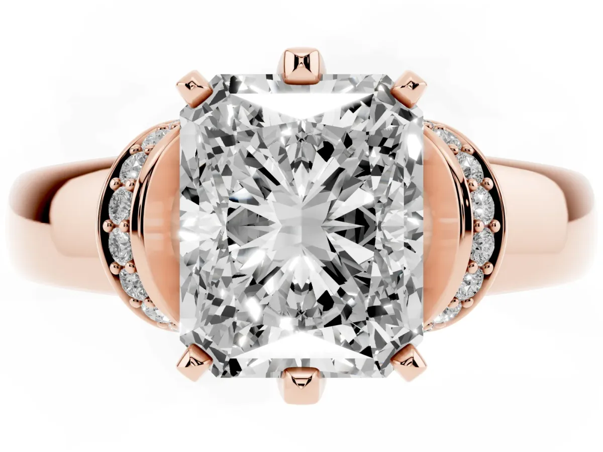 Radiant Cut Solitaire Diamond Ring with Pave Band and Six-Prong Setting Rose gold