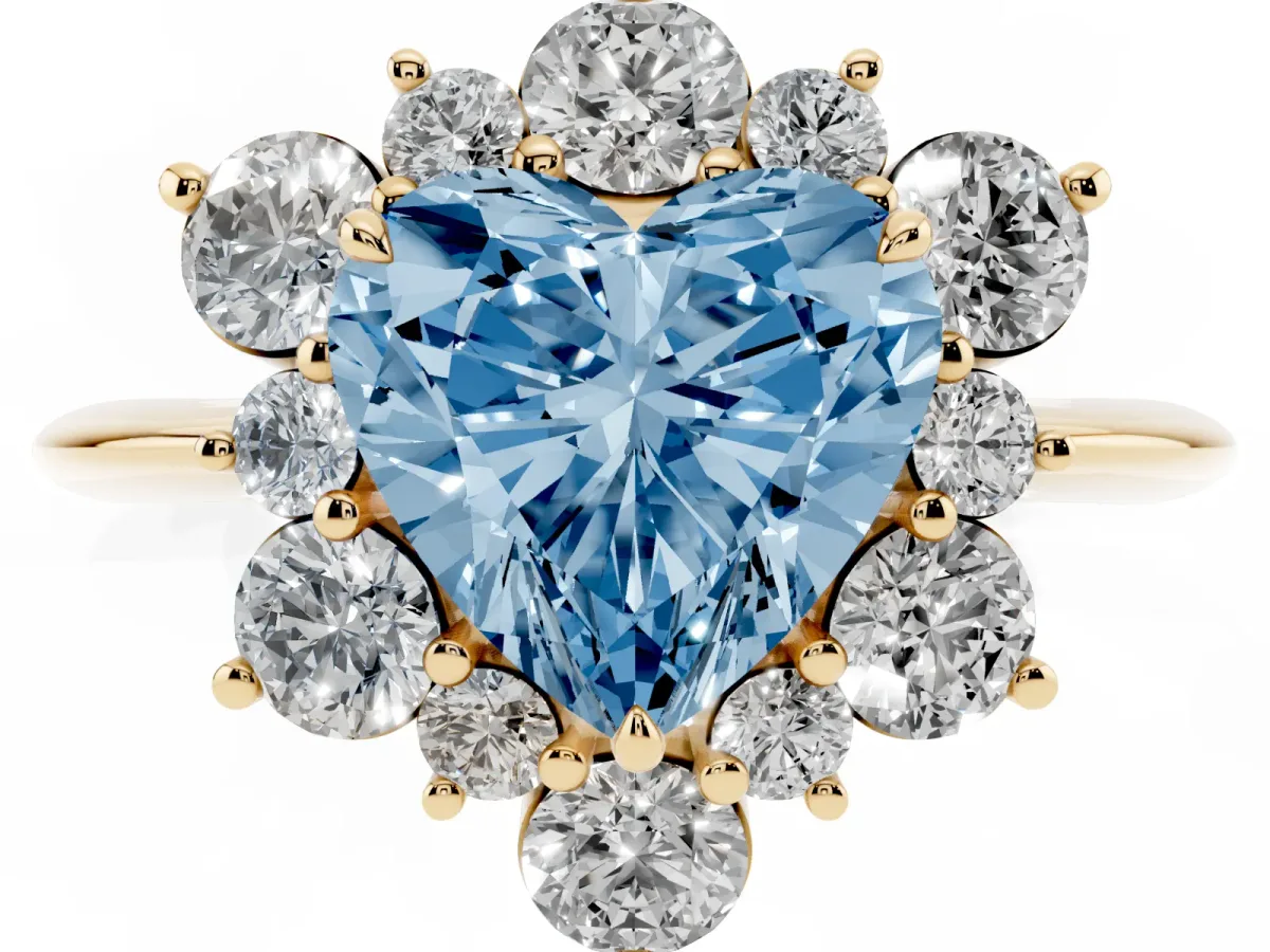 Fancy Blue Heart Cut Diamond Cluster Halo Ring with Solitaire Band and Four-Prong Setting Yellow gold