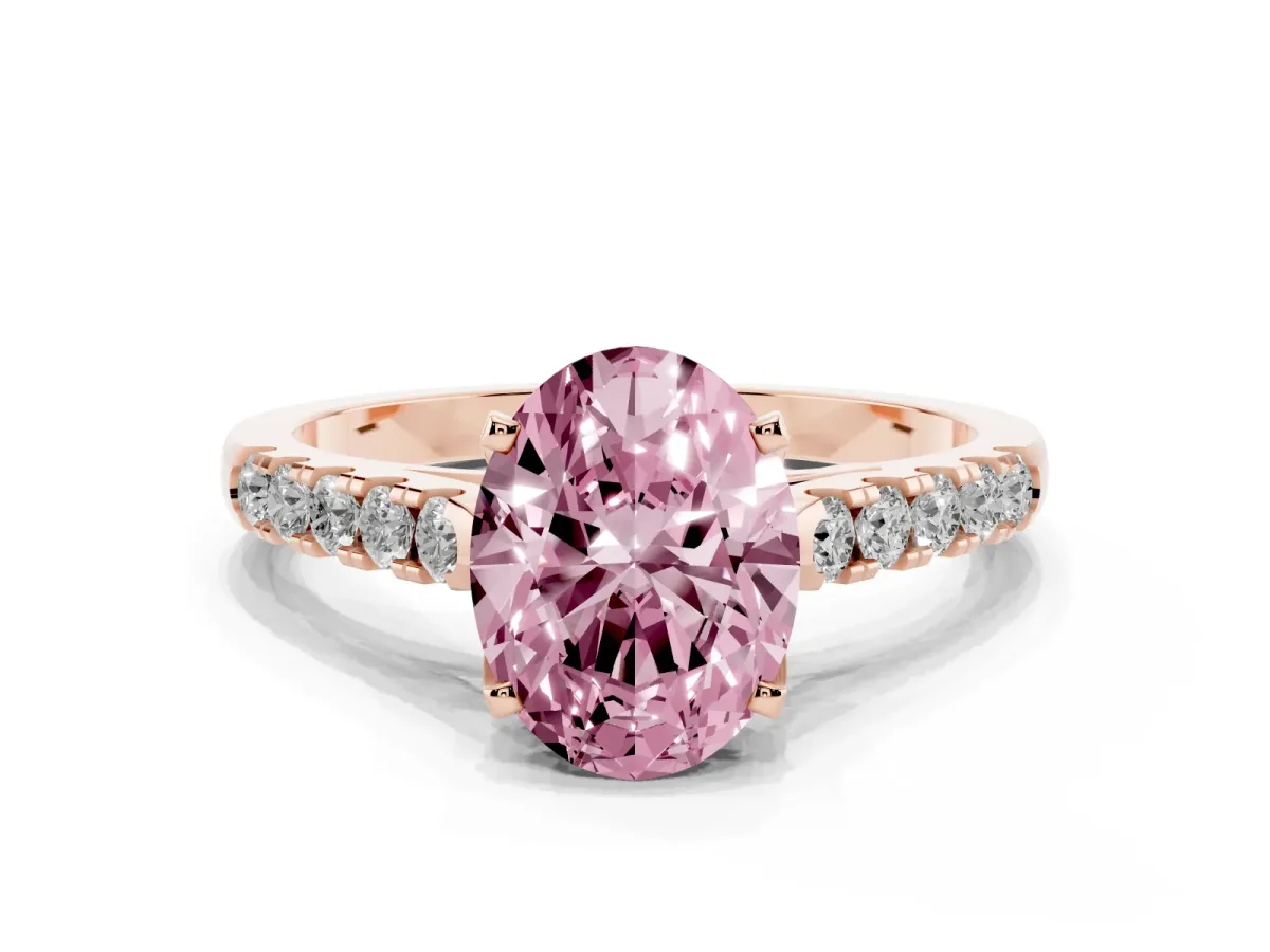 Fancy Pink Oval Cut Diamond Pavé Band Solitaire Ring with Prong Setting Rose gold