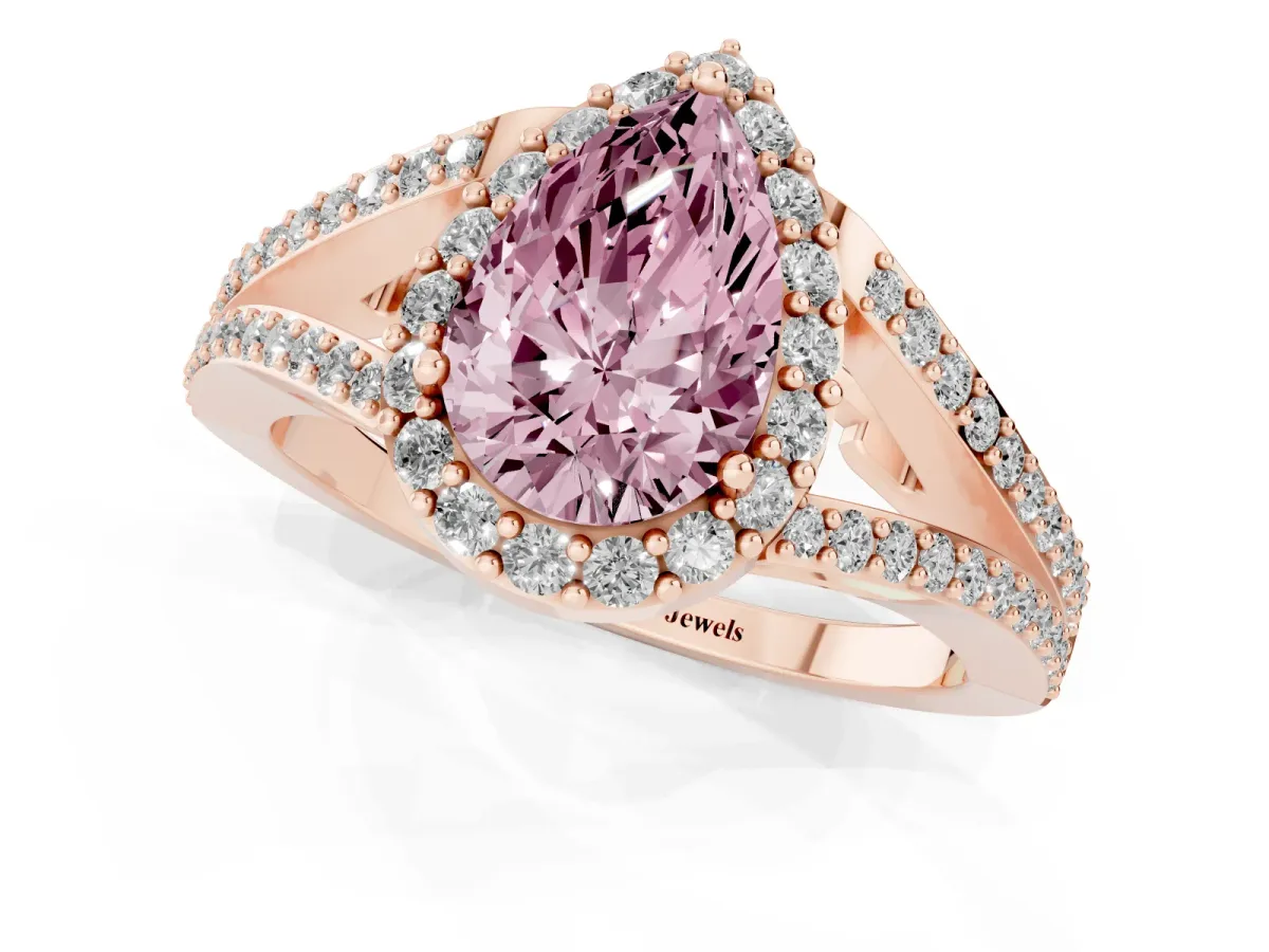 Fancy Pink Pear Cut Halo Split Shank Diamond Ring with Prong Setting Rose gold