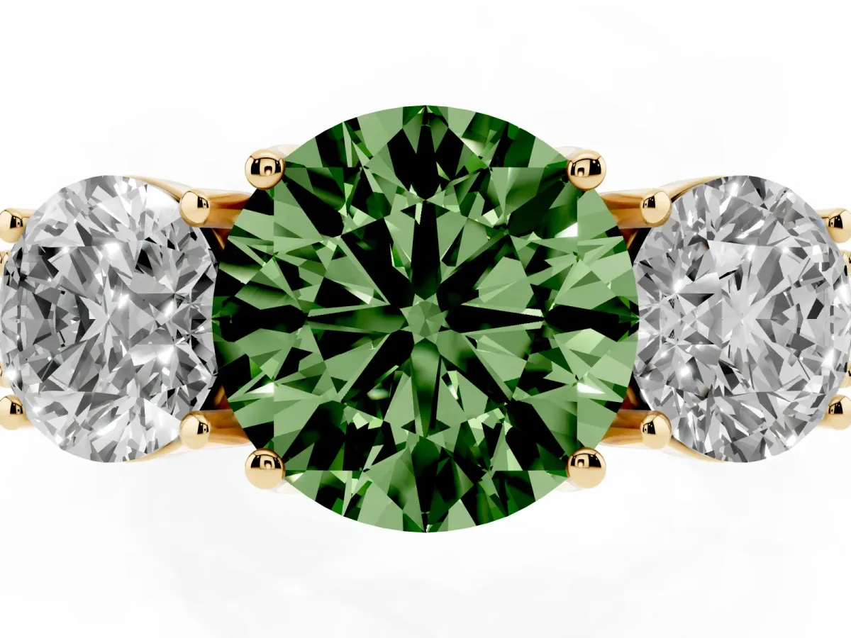 Fancy Green Three-Stone Round Cut Cut Milgrain Pavé Engagement Ring Yellow gold