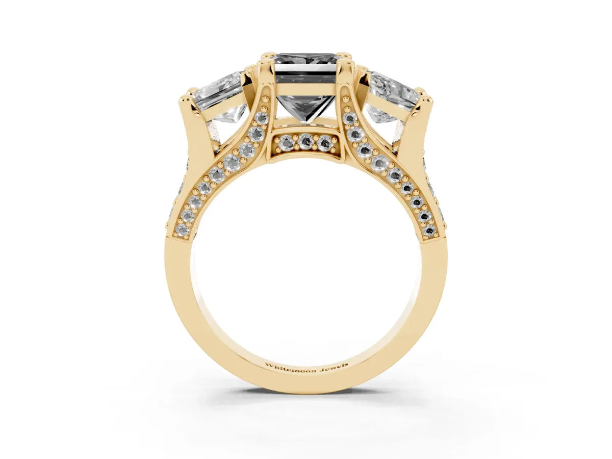 Fancy Black Princess Cut Diamond Three-Stone Ring with Channel Set Band and Four-Prong Setting Yellow gold