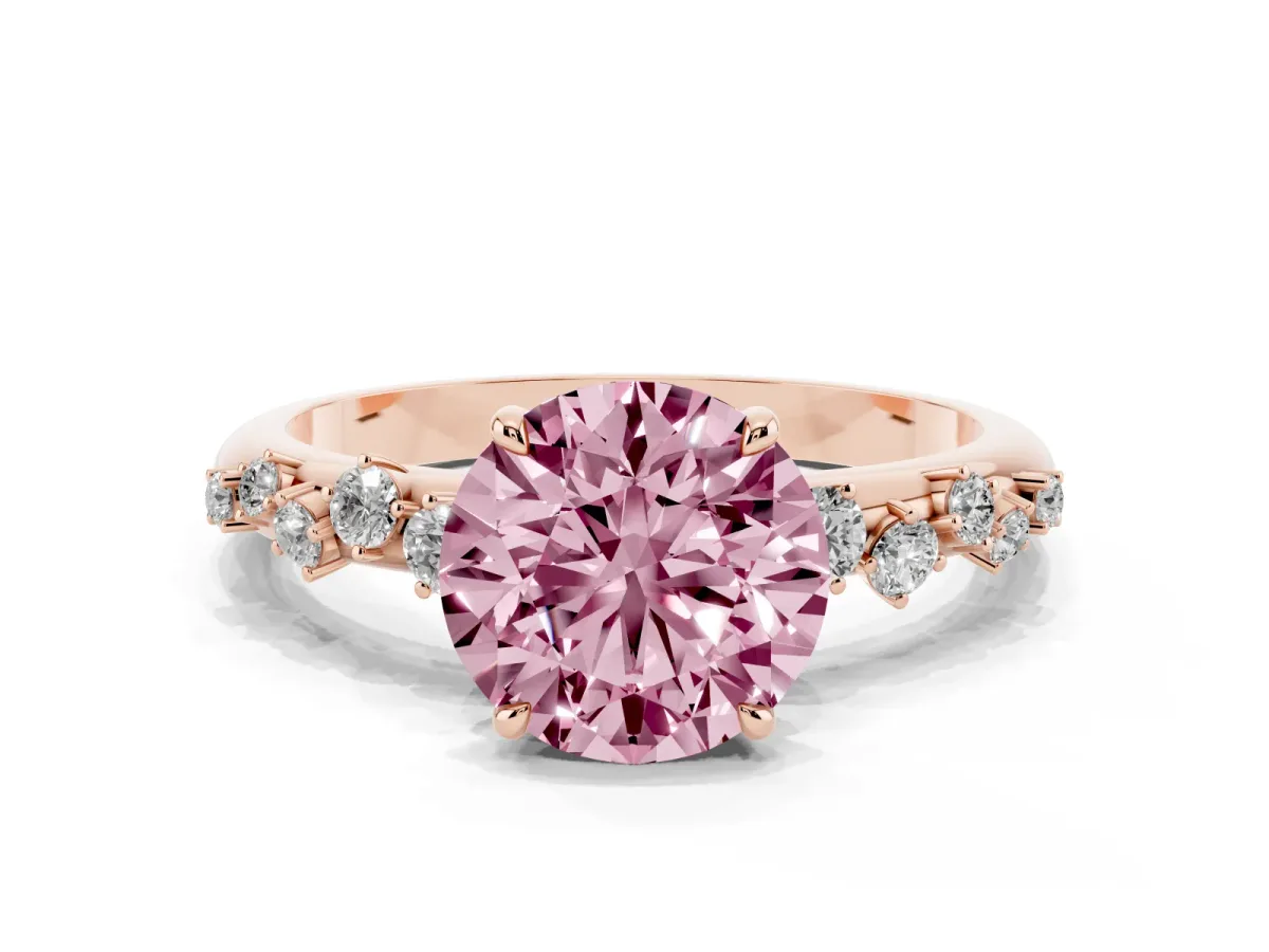 Fancy Pink Round Cut Diamond Cluster Prong-Set Solitaire Ring Rose gold