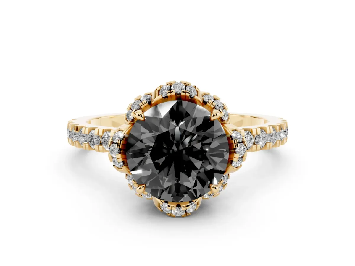 Fancy Black Round Cut Diamond Halo Pave Band with Four-Prong Setting Yellow gold