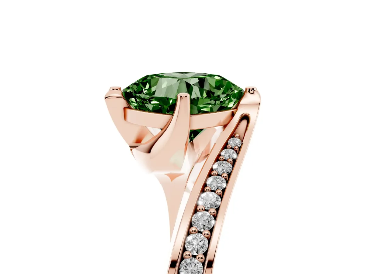 Fancy Green Cushion Cut Solitaire Diamond Twist Band with Pavé Setting and Four-Prong Setting Rose gold