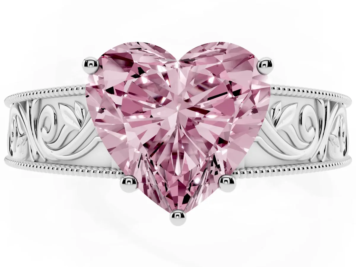 Fancy Pink Heart Cut Diamond Solitaire Ring with Engraved Band and Four-Prong Setting Platinum