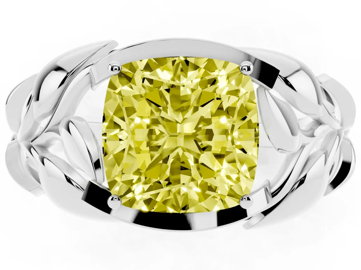 Fancy Yellow Cushion Cut Diamond Leaf-Inspired Engagement Ring with Round Accents and Prong Setting Platinum