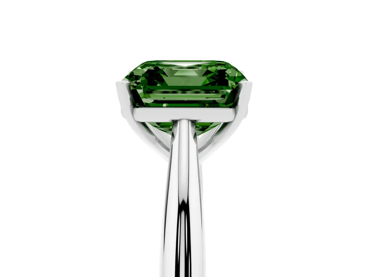 Fancy Green Asscher Cut Diamond Solitaire Engagement Ring with Cathedral Setting and Four-Prong Mount Silver