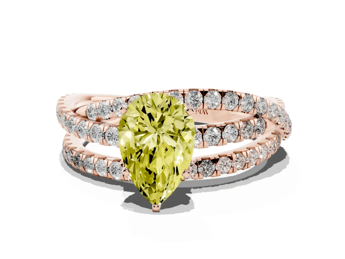 Fancy Yellow Pear Cut Solitaire Twist Band with Pavé Setting and Four-Prong Setting Rose gold