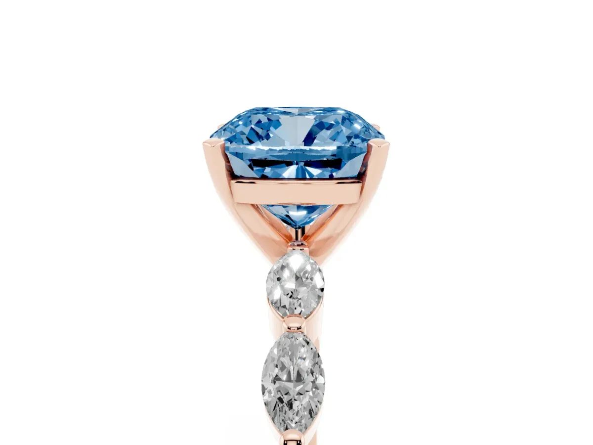 Fancy Blue Cushion Cut Diamond Ring with Marquise Side Stones and Prong Setting Rose gold