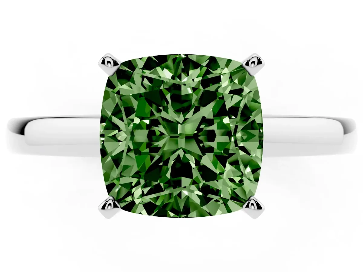 Fancy Green Cushion Cut Solitaire Diamond Engagement Ring with Four-Prong Setting on a Classic Band Silver
