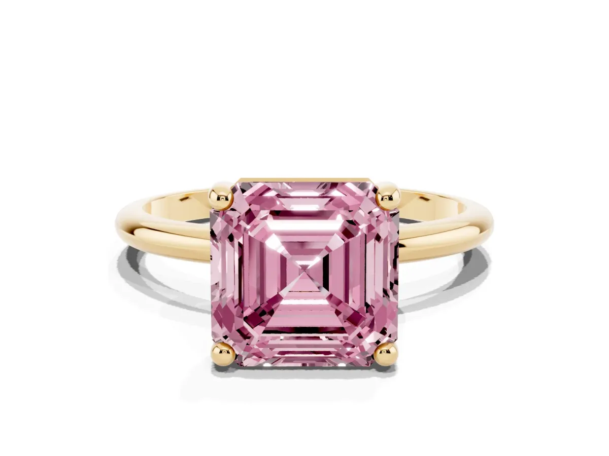 Fancy Pink Asscher Cut Solitaire Diamond Ring with 4-Prong Setting on a Classic Band Yellow gold