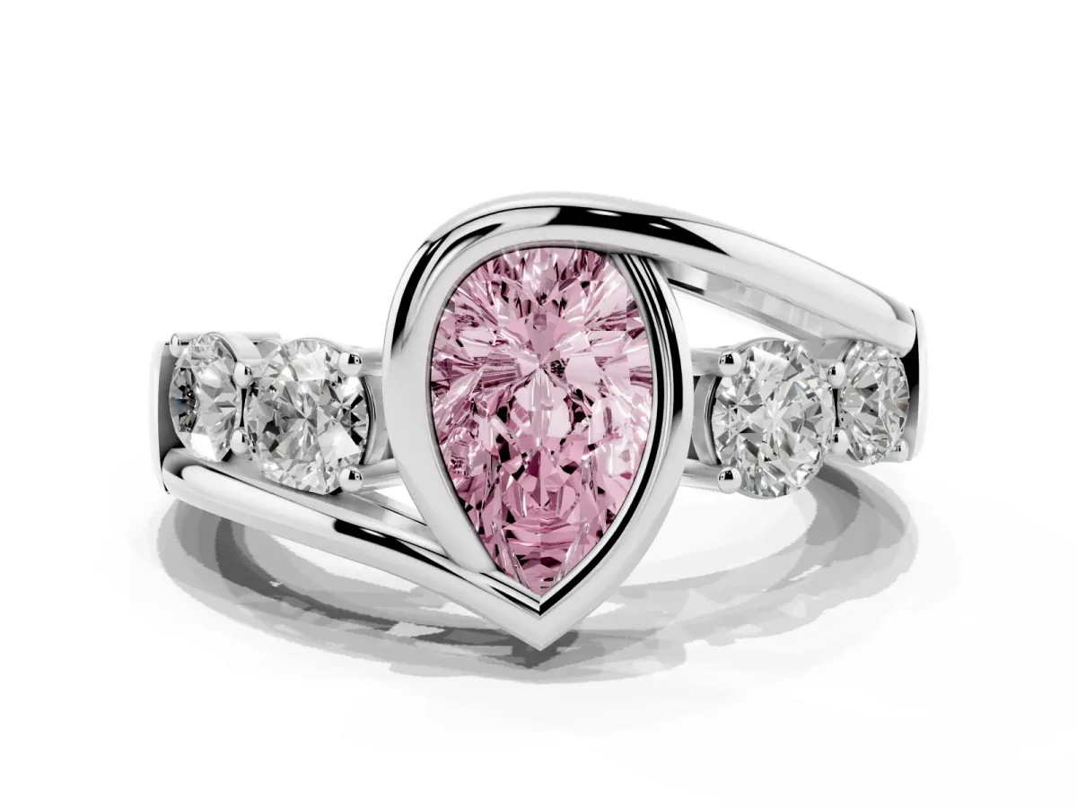 Fancy Pink Bezel Set Pear Cut Diamond Bypass Ring with Round Accents Platinum