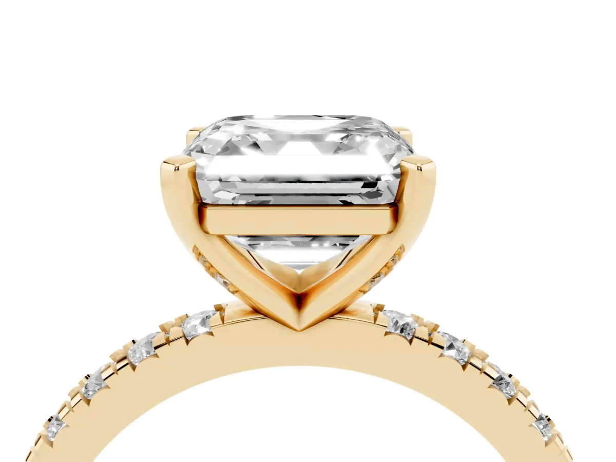 Asscher Cut Diamond Pavé Band Solitaire with Four-Prong Setting Yellow gold