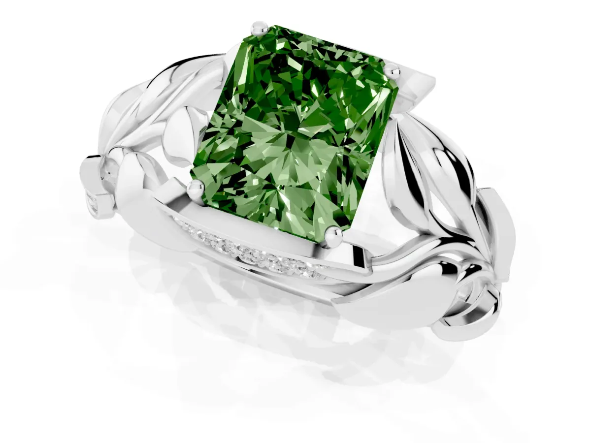 Fancy Green Radiant Cut Diamond Leaf-Inspired Engagement Ring with Round Accents and Prong Setting White gold
