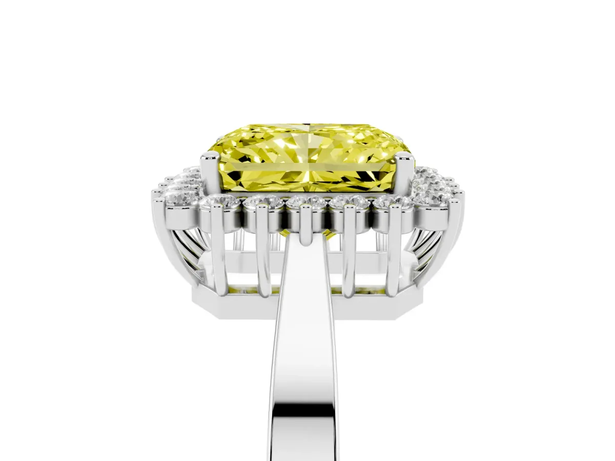 Fancy Yellow Radiant Cut Cut Diamond Halo Ring with Round Brilliant Halo and Solitaire Band Silver
