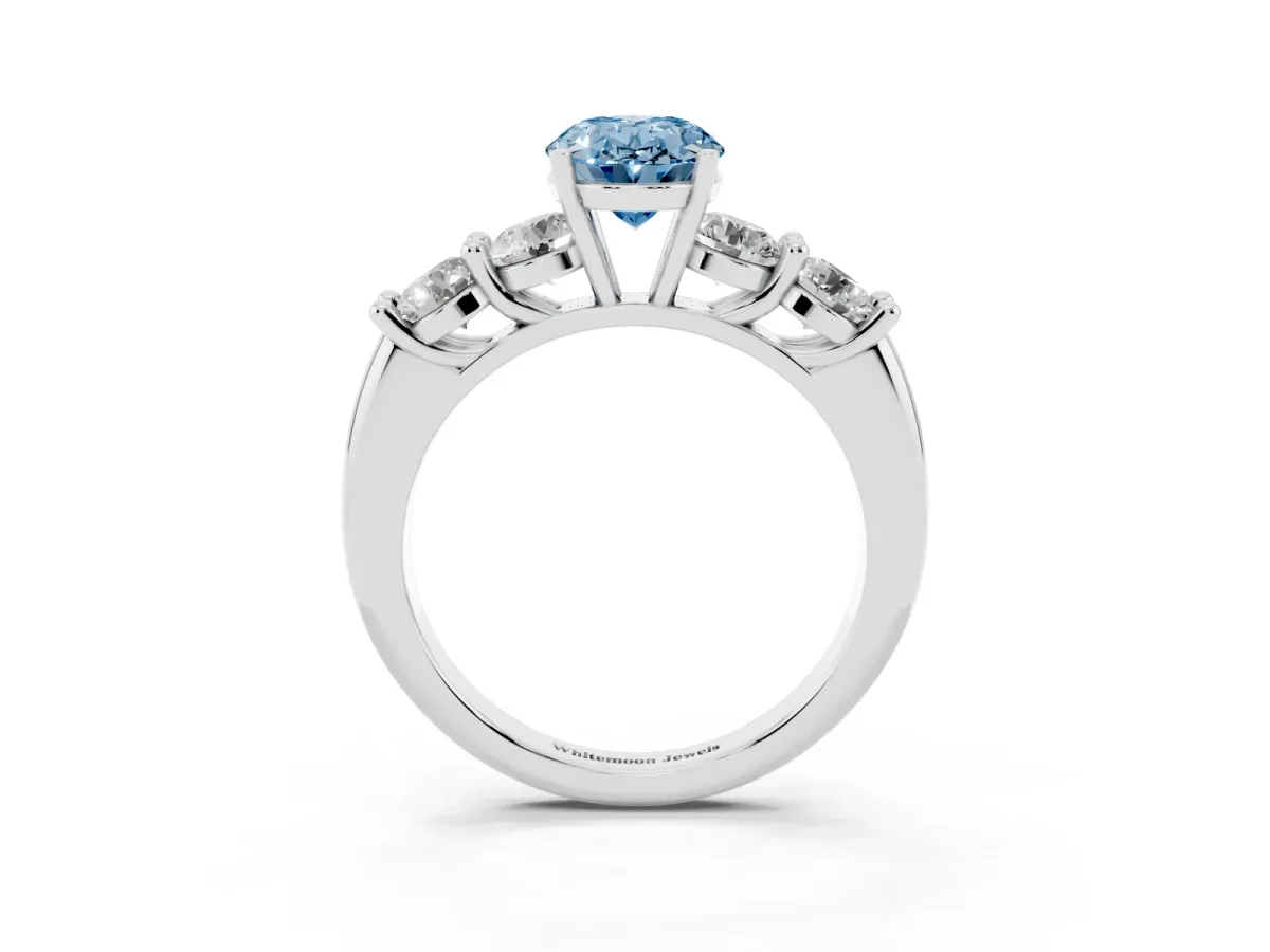 Fancy Blue Oval Cut Cut Five-Stone Prong Set Diamond Ring with Classic Band Silver
