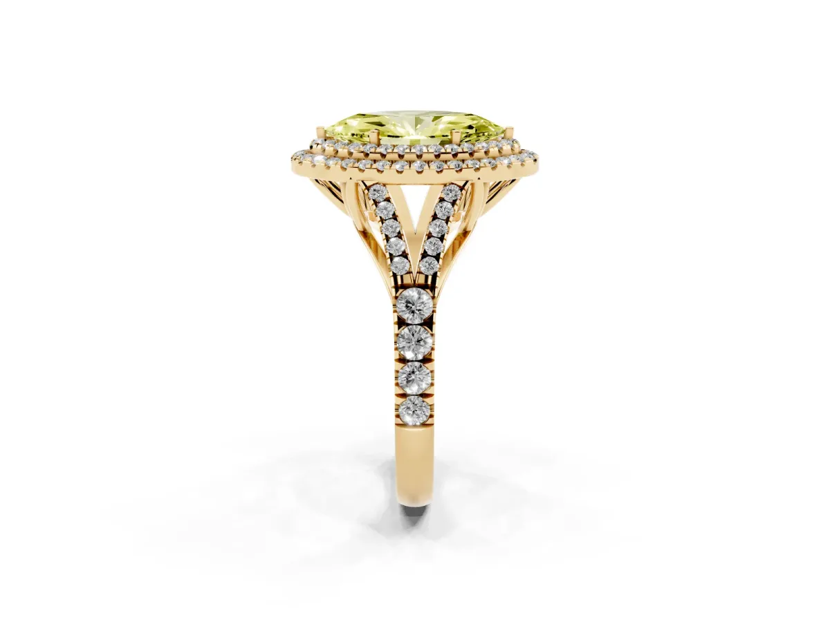 Fancy Yellow Double Halo Marquise Cut Diamond Split Shank Engagement Ring with Four-Prong Setting Yellow gold