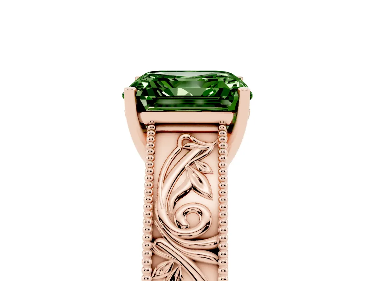 Fancy Green Asscher Cut Diamond Solitaire Ring with Engraved Band and Four-Prong Setting Rose gold
