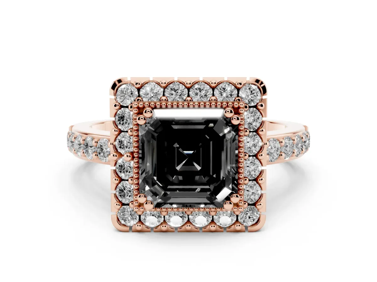 Fancy Black Asscher Cut Diamond Halo Ring with Pavé Band and Prong Setting Rose gold