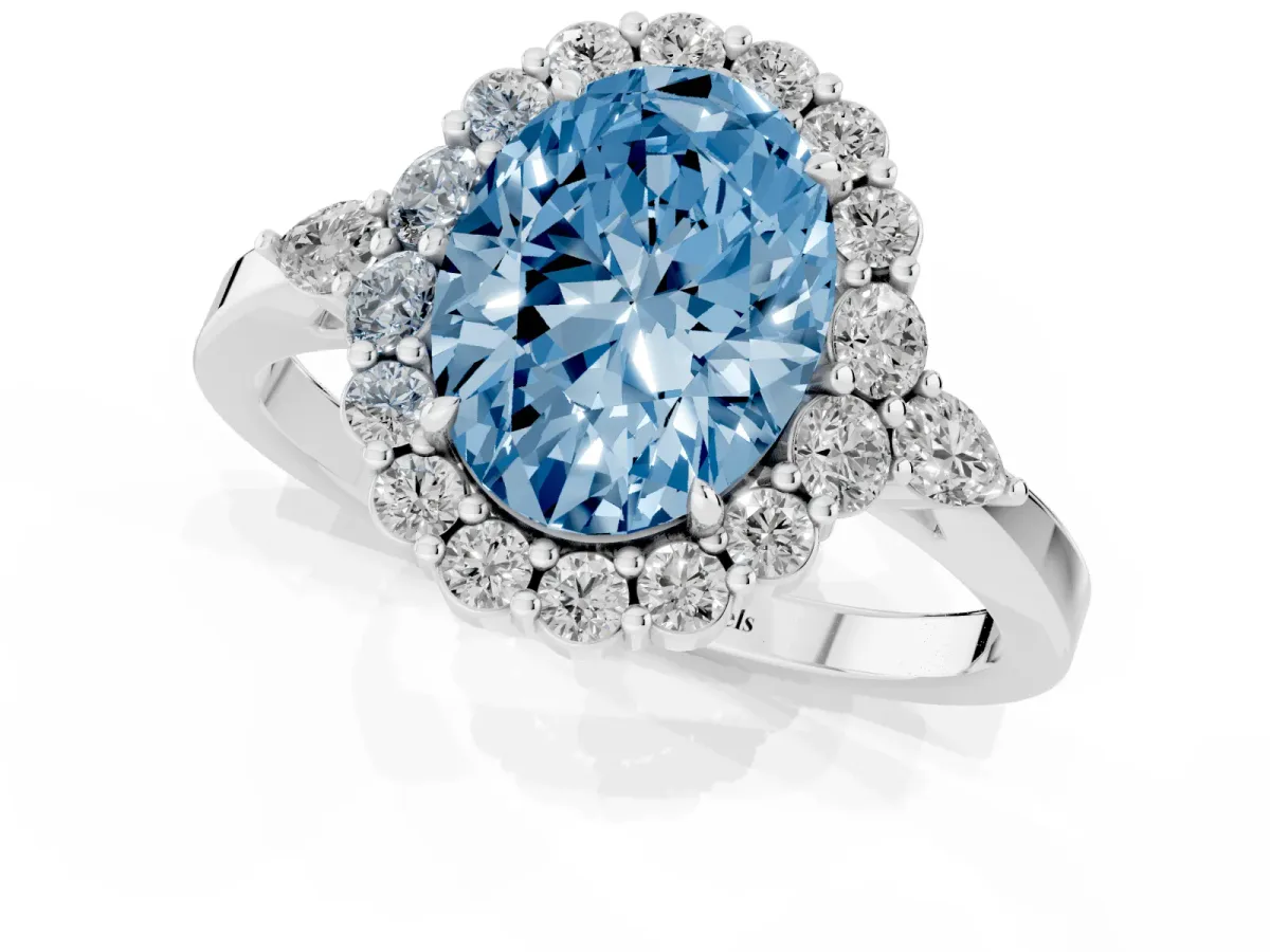Fancy Blue Oval Cut Diamond Halo Ring with Pear Side Stones and Prong Setting Silver