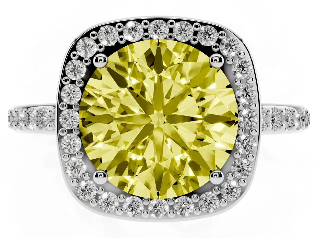 Fancy Yellow Round Cut Diamond Halo Engagement Ring with Round Pavé Shoulders and Prong Setting Platinum
