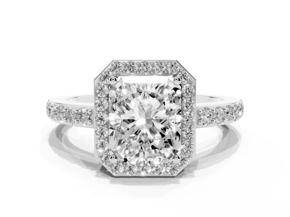 Radiant Cut Halo Diamond Pavé Band Ring with Prong Setting Platinum