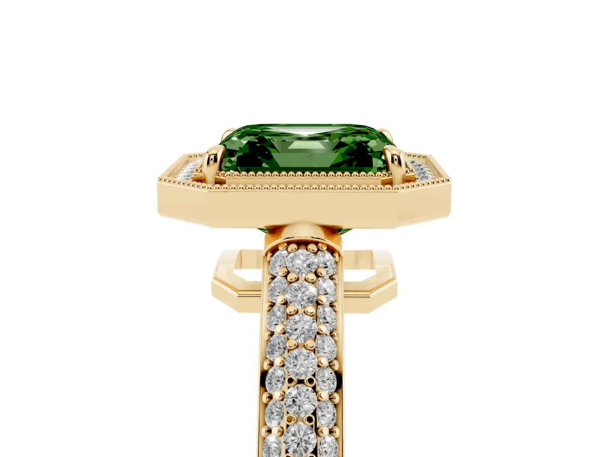 Fancy Green Asscher Cut Cut Halo Diamond Pave Band with Four-Prong Setting Yellow gold