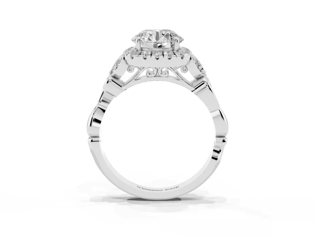 Round Cut Halo Diamond Engagement Ring with Vintage-Inspired Band and Four-Prong Setting Silver