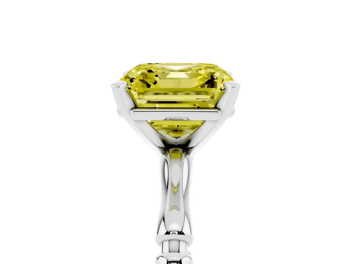 Fancy Yellow Asscher Cut Solitaire Diamond Ring with Bamboo Band and Four-Prong Setting Platinum