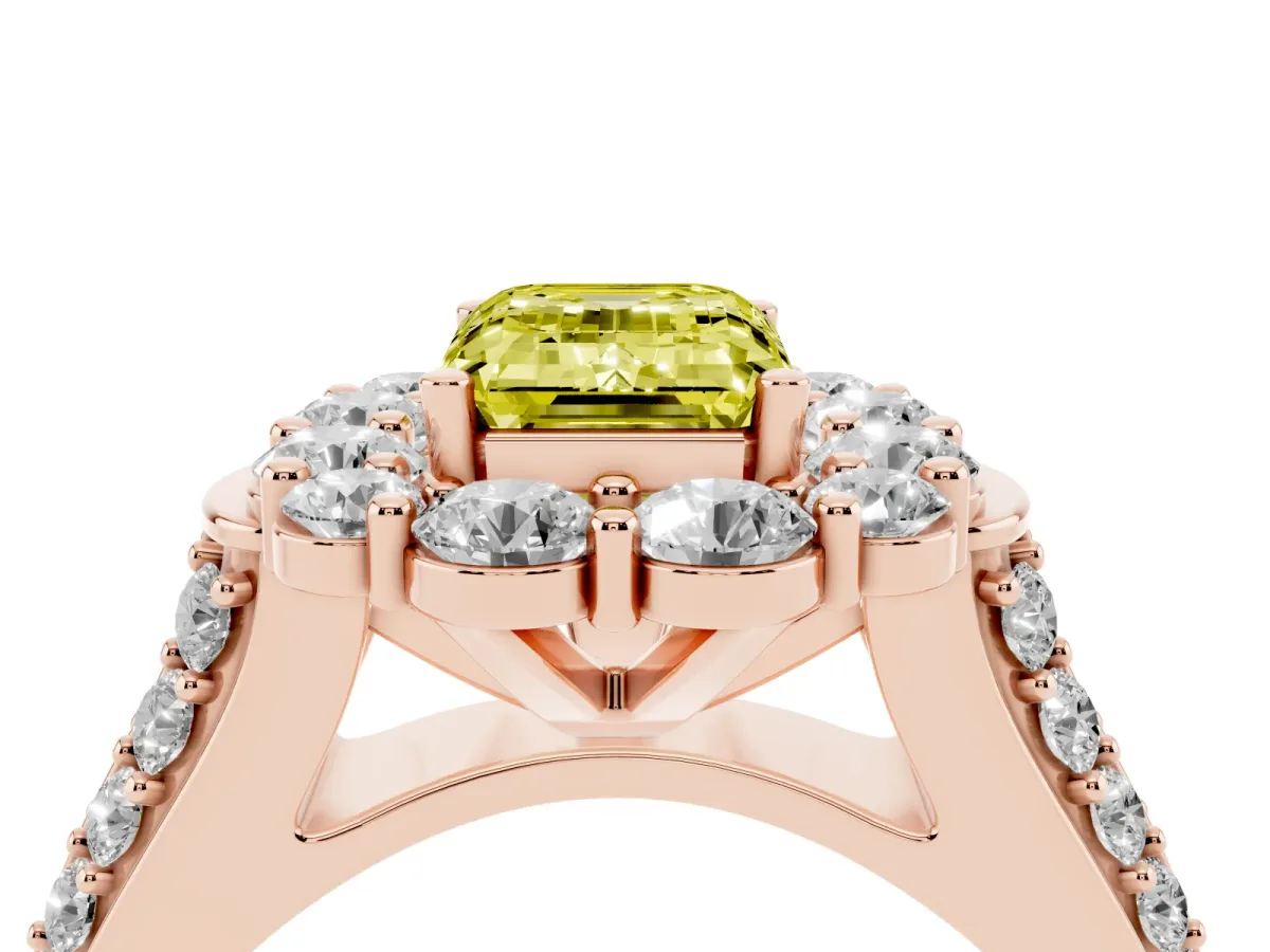 Fancy Yellow Emerald Cut Halo Diamond Engagement Ring with Split Shank and Prong Setting Rose gold