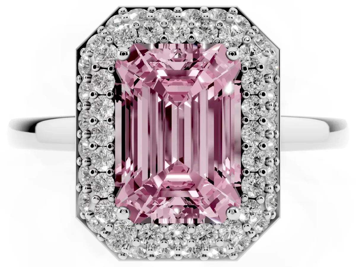 Fancy Pink Emerald Cut Halo Diamond Engagement Ring with Solitaire Band and Four-Prong Setting Silver