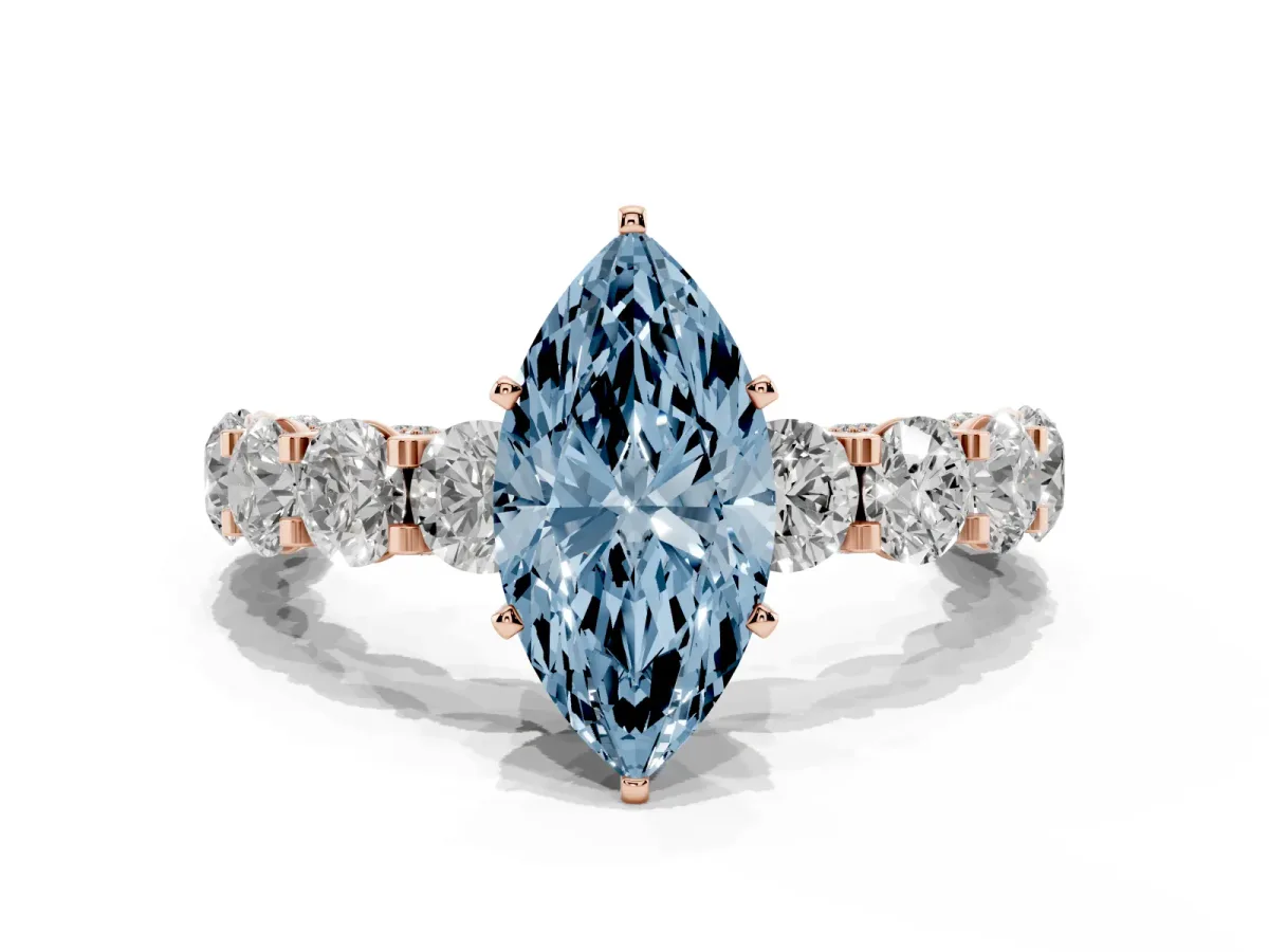 Fancy Blue Marquise Cut Diamond Side Stone Engagement Ring with Four-Prong Setting Rose gold