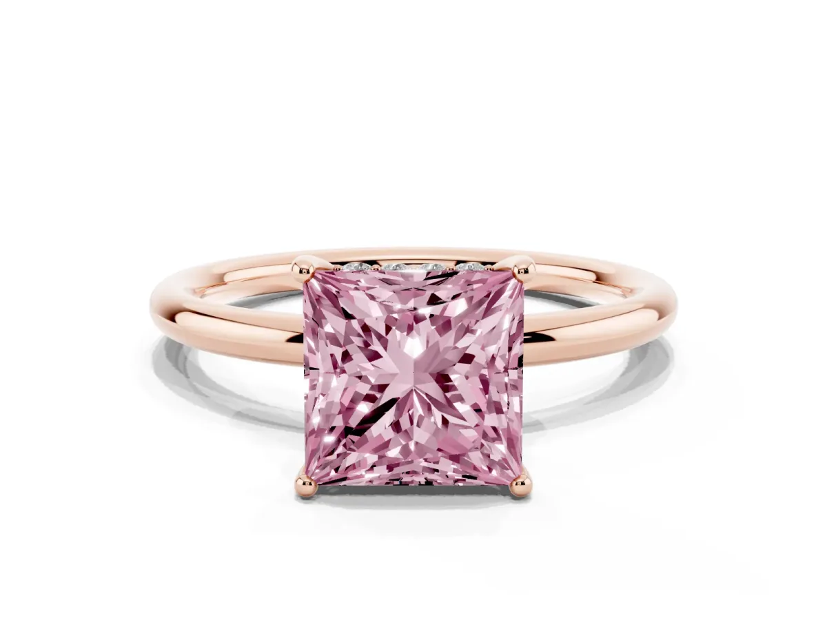Fancy Pink Princess Cut Solitaire Diamond Ring with a Classic Band and Four-Prong Setting Rose gold