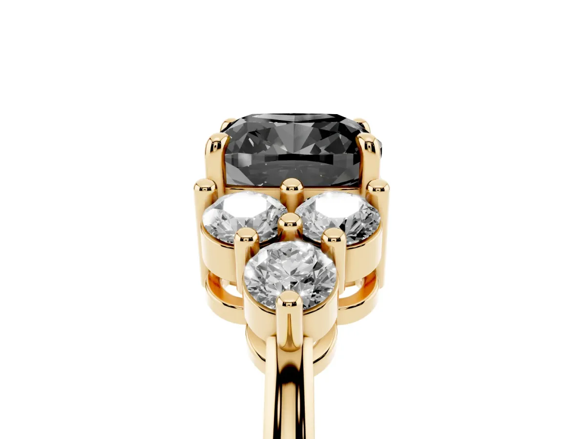 Fancy Black Cushion Cut Brilliant Diamond Cluster Accent Solitaire Ring with Prong Setting Yellow gold