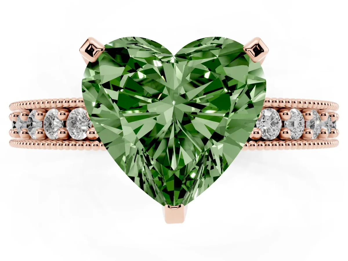 Fancy Green Heart Cut Diamond Milgrain Pavé Engagement Ring with Four-Prong Setting Rose gold