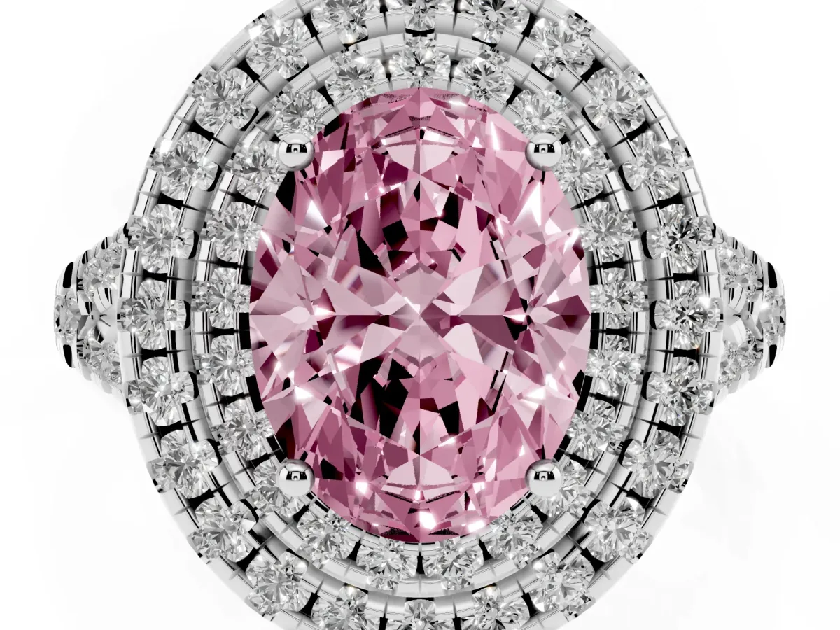 Fancy Pink Double Halo Oval Cut Diamond Pavé Split Shank Ring with Prong Setting Platinum