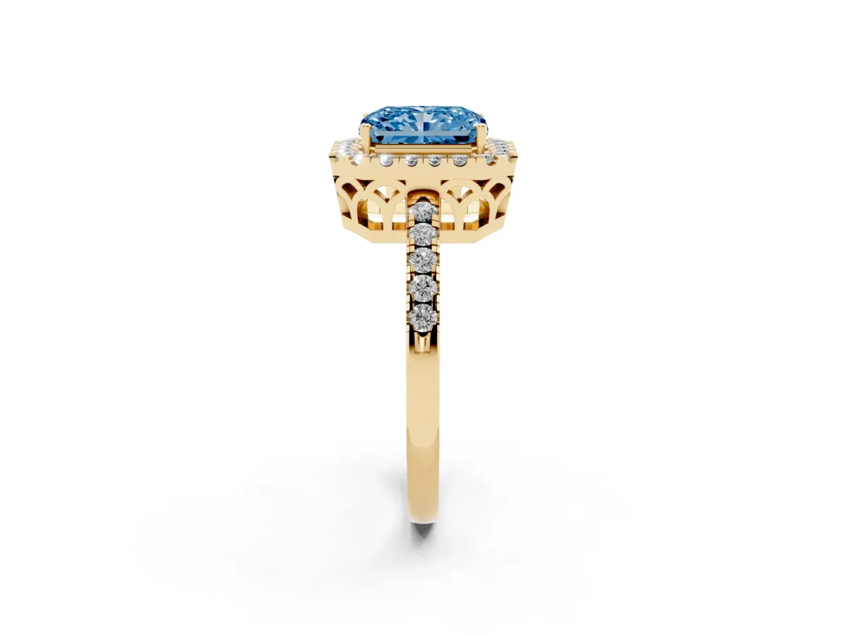 Fancy Blue Radiant Cut Halo Diamond Engagement Ring with Pavé Band and Four-Prong Setting Yellow gold